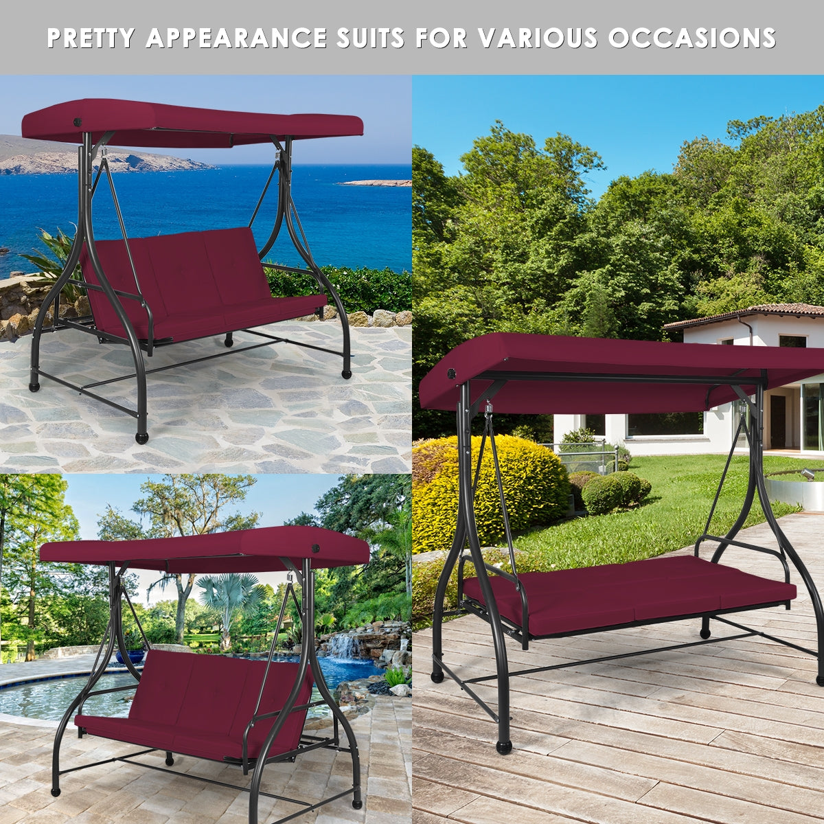 3 Seats Converting Outdoor Swing Canopy Hammock with Adjustable Tilt Canopy-WineÂ