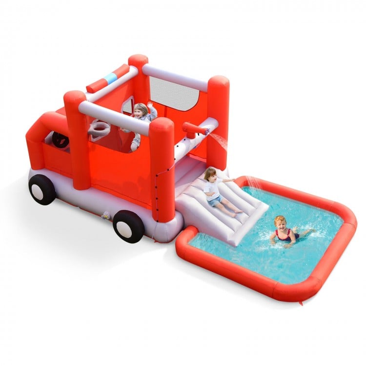 Fire Truck Themed Inflatable Castle Water Park Kids Bounce House with 480W Blower