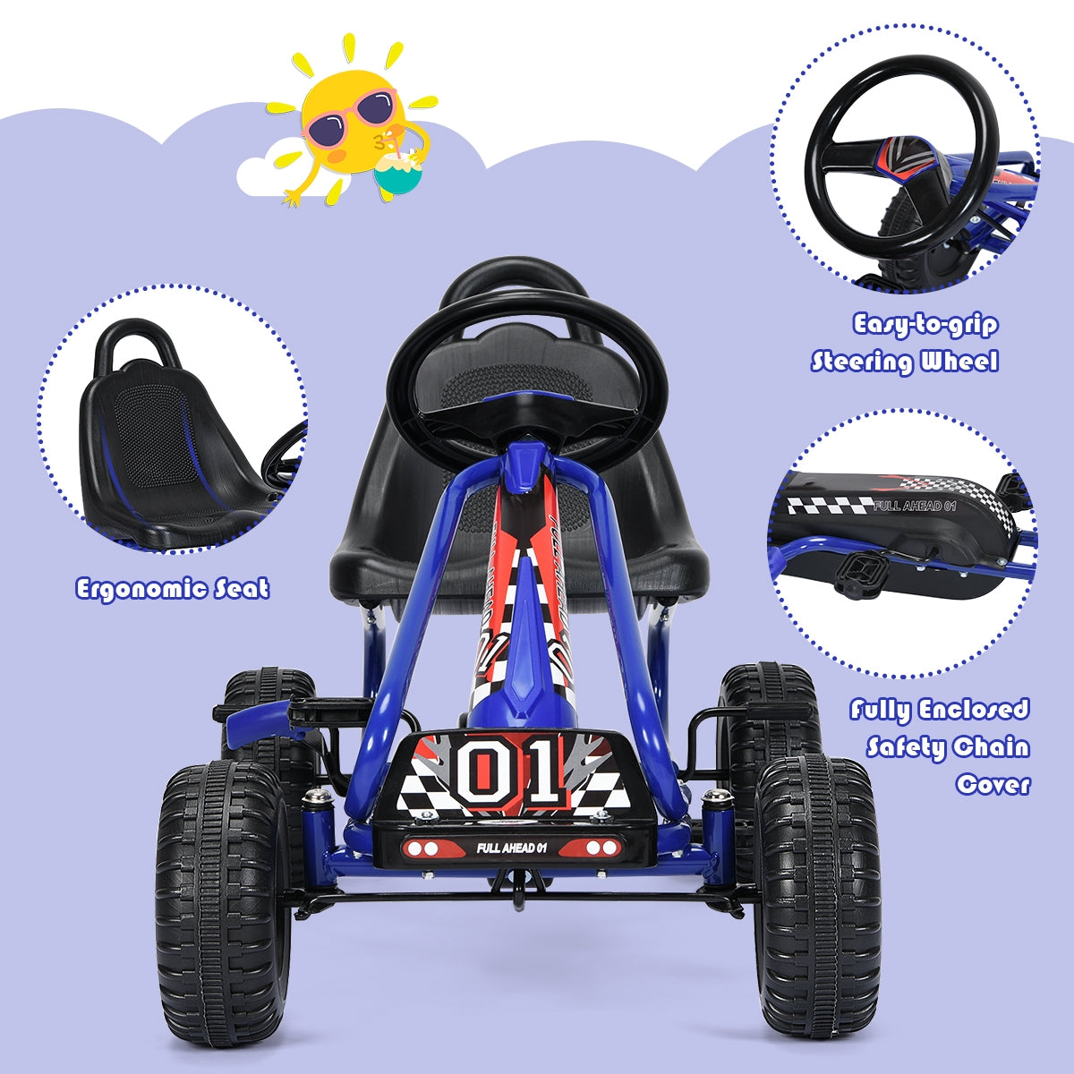 4 Wheel Pedal Powered Ride On with Adjustable Seat-BlueÂ