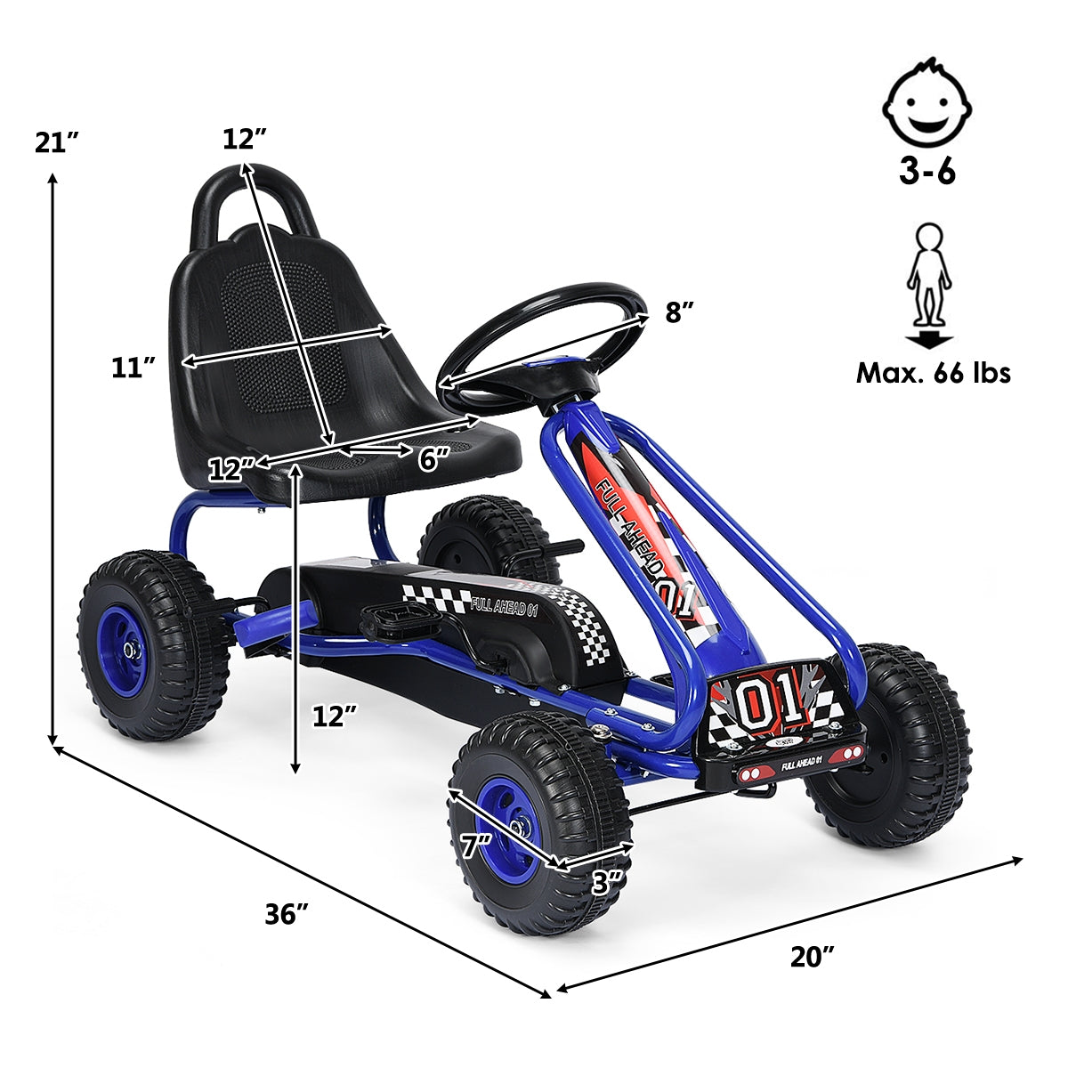 4 Wheel Pedal Powered Ride On with Adjustable Seat-BlueÂ