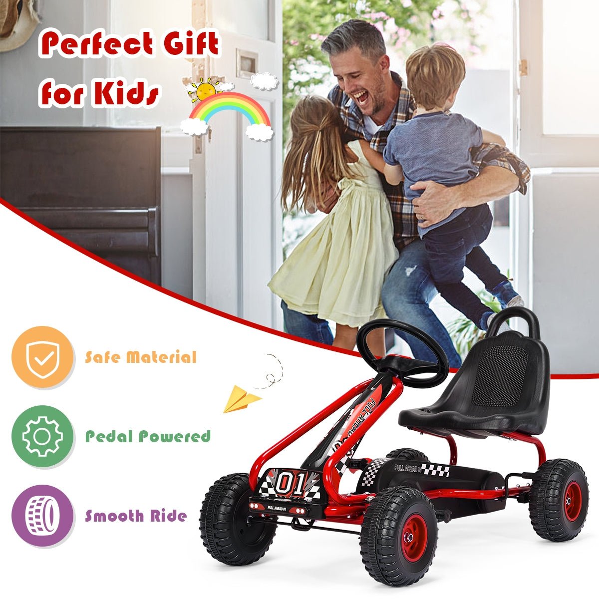 4 Wheel Pedal Powered Ride On with Adjustable Seat-RedÂ
