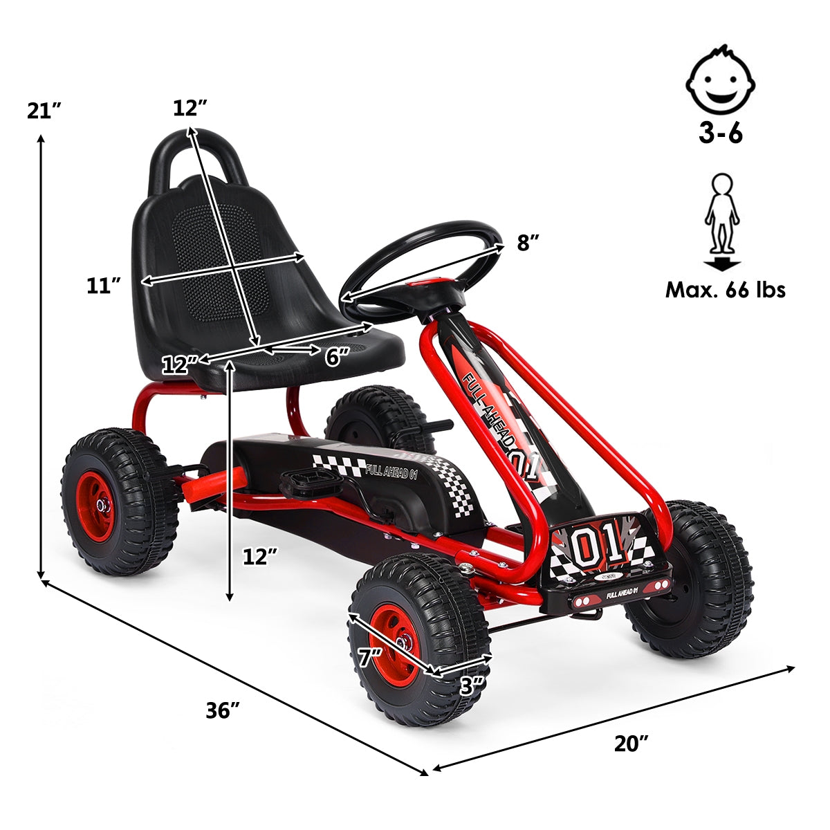 4 Wheel Pedal Powered Ride On with Adjustable Seat-RedÂ