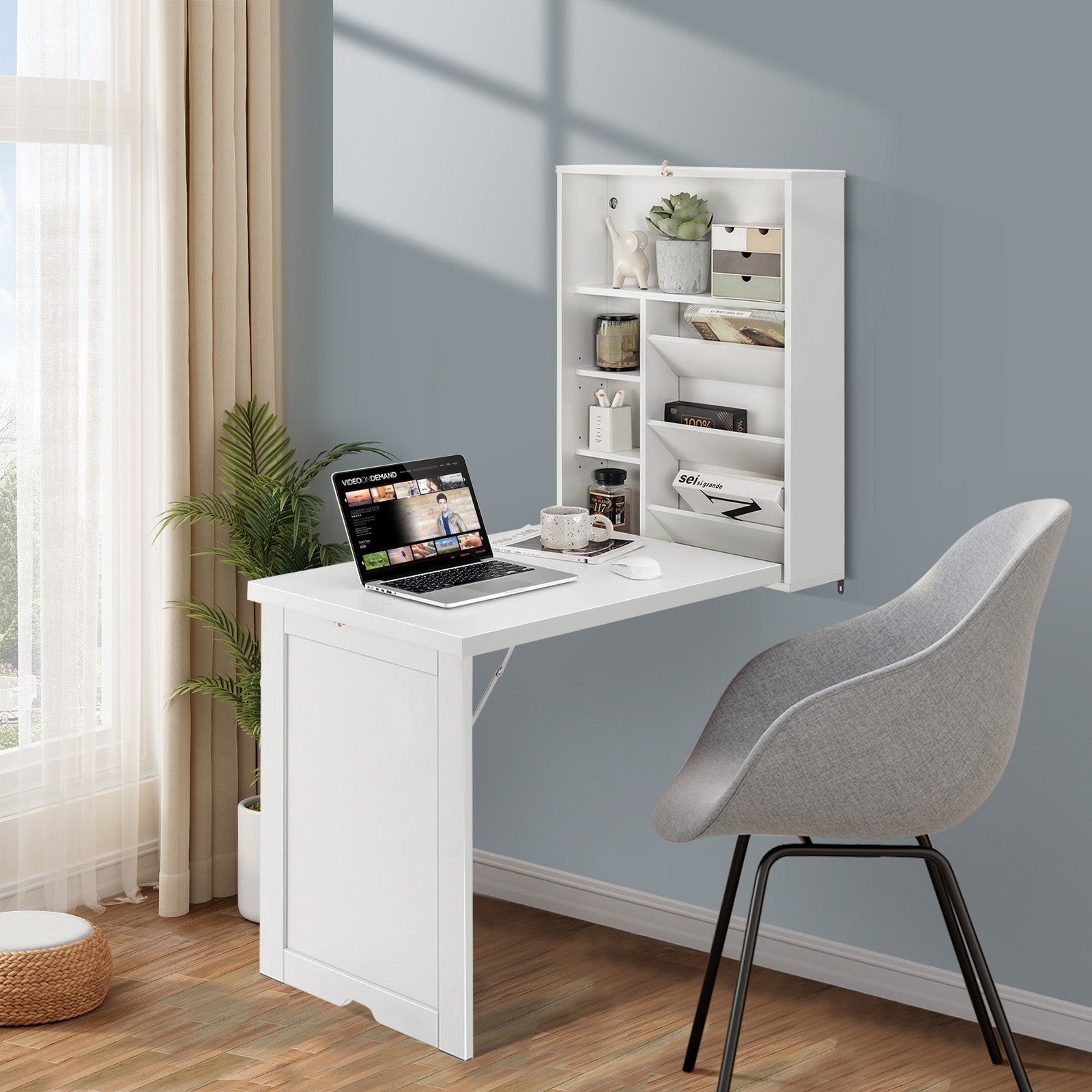 Wall Mounted Fold-Out Convertible Floating Desk Space Saver-WhiteÂ