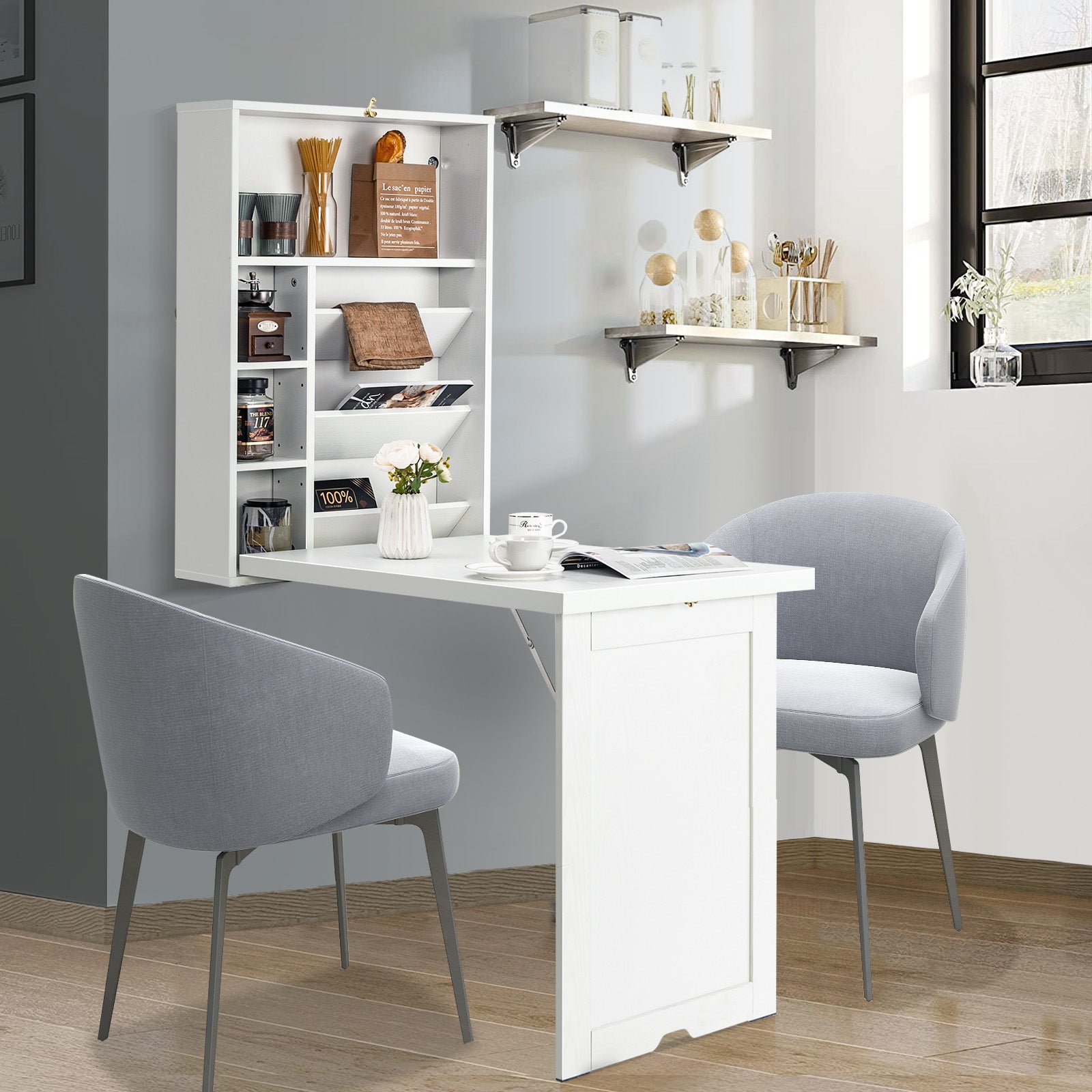 Wall Mounted Fold-Out Convertible Floating Desk Space Saver-WhiteÂ