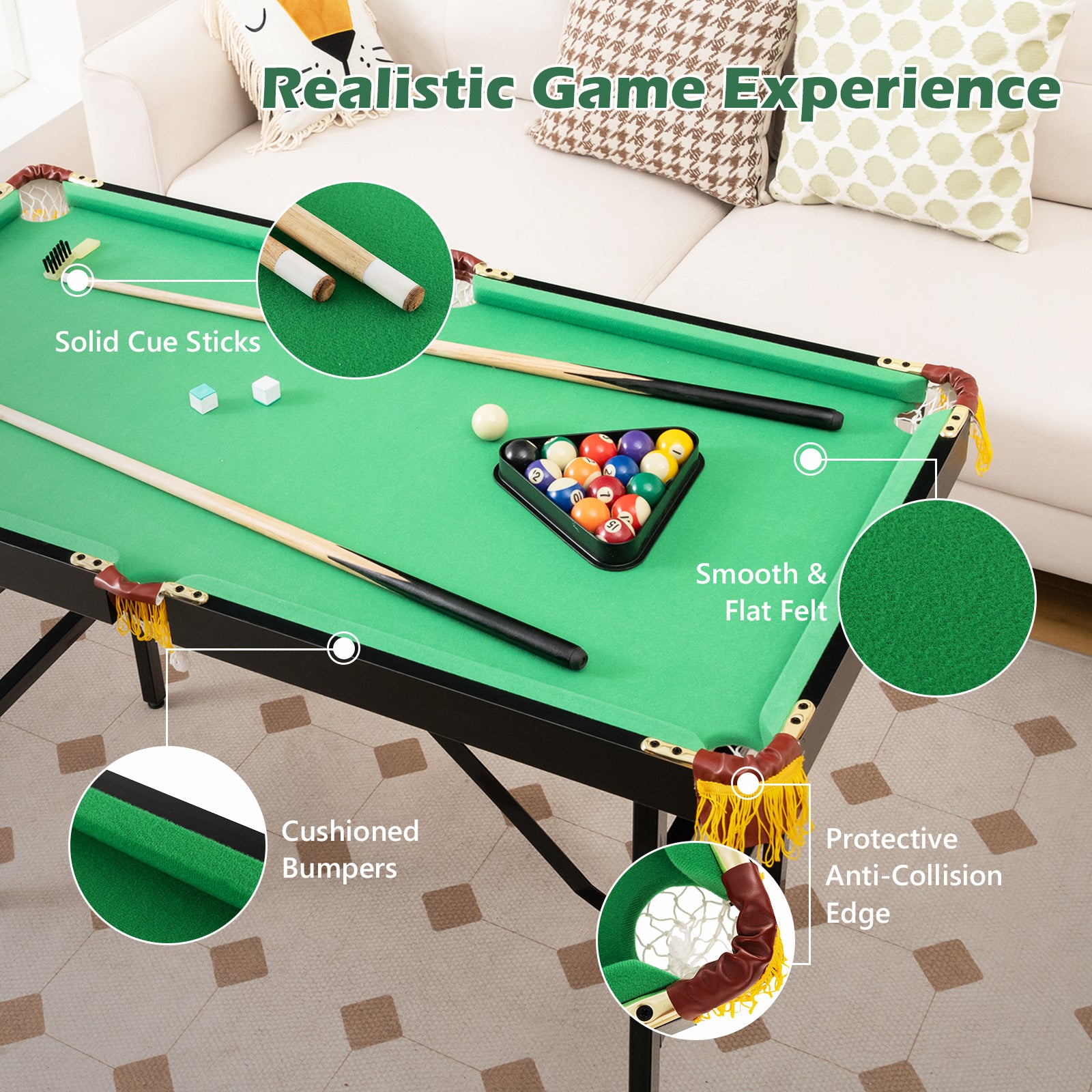 47 Inch Folding Billiard Table with Cues and Brush Chalk -GreenÂ
