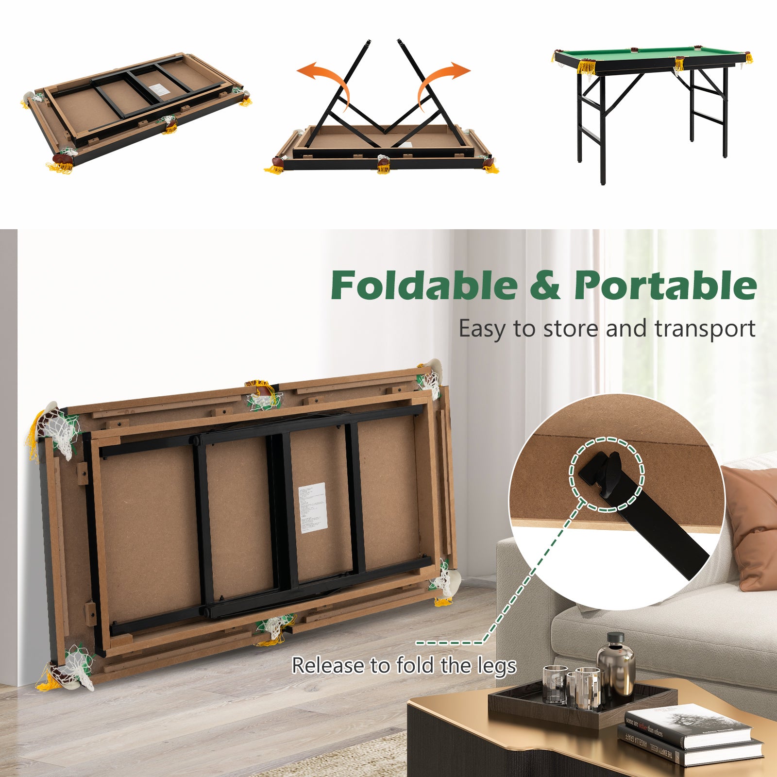 47 Inch Folding Billiard Table with Cues and Brush Chalk -GreenÂ