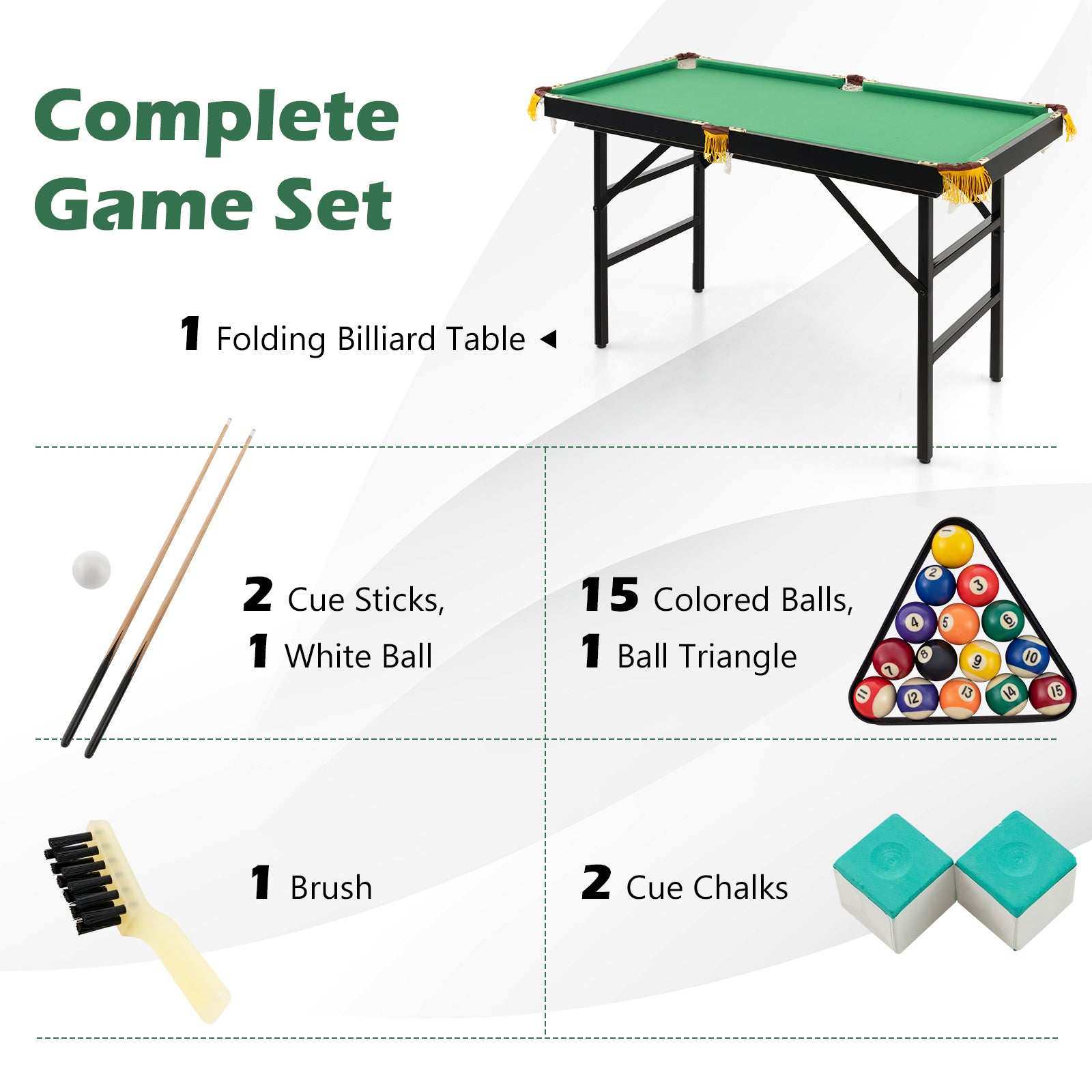 47 Inch Folding Billiard Table with Cues and Brush Chalk -GreenÂ