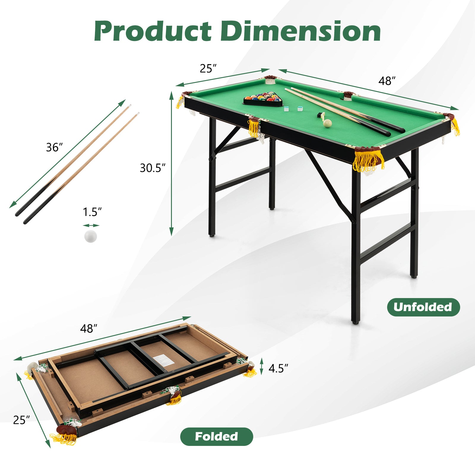 47 Inch Folding Billiard Table with Cues and Brush Chalk -GreenÂ