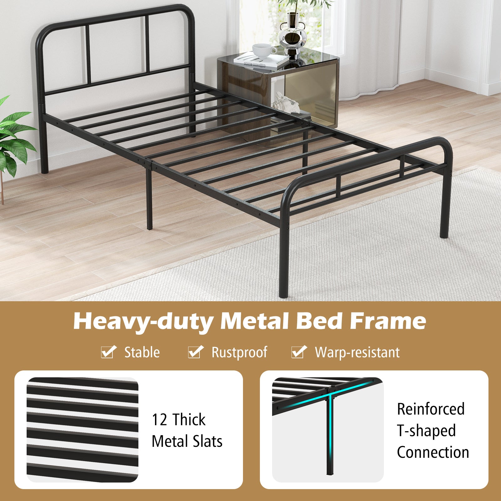 Modern Metal Bed Frame with Curved Headboard and Footboard-Twin Size