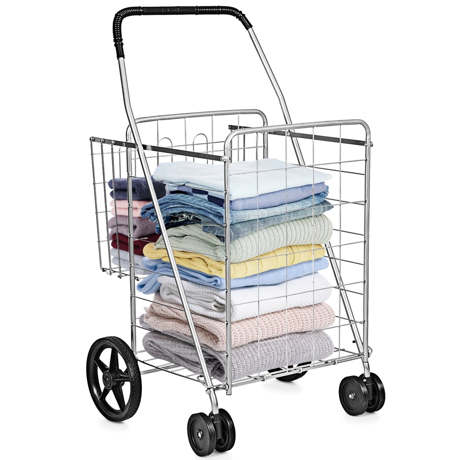 Folding Shopping Cart for Laundry with Swiveling Wheels and Dual Storage Baskets-SliverÂ