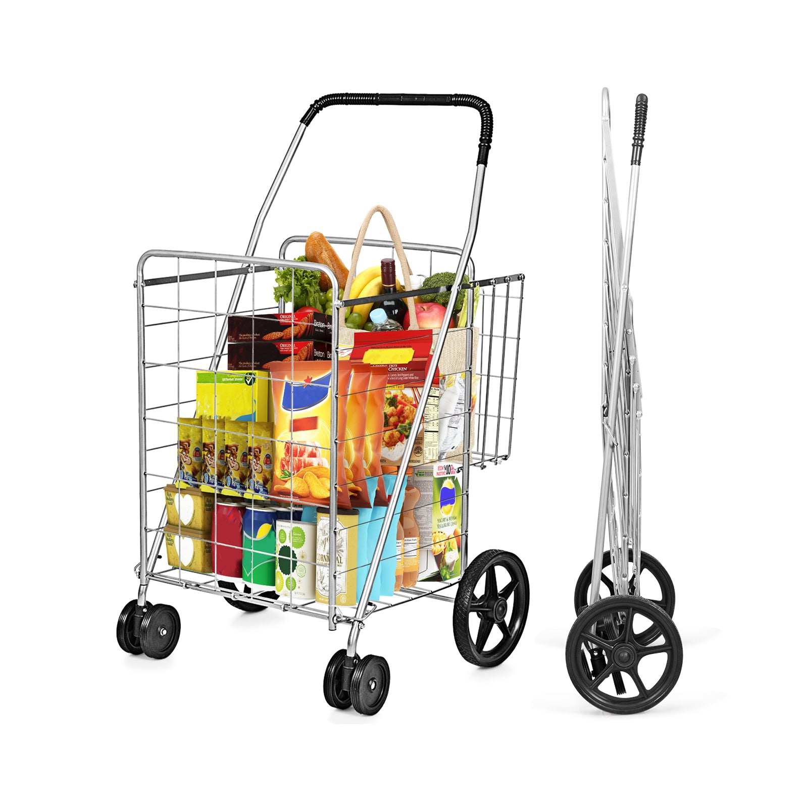 Folding Shopping Cart for Laundry with Swiveling Wheels and Dual Storage Baskets-SliverÂ