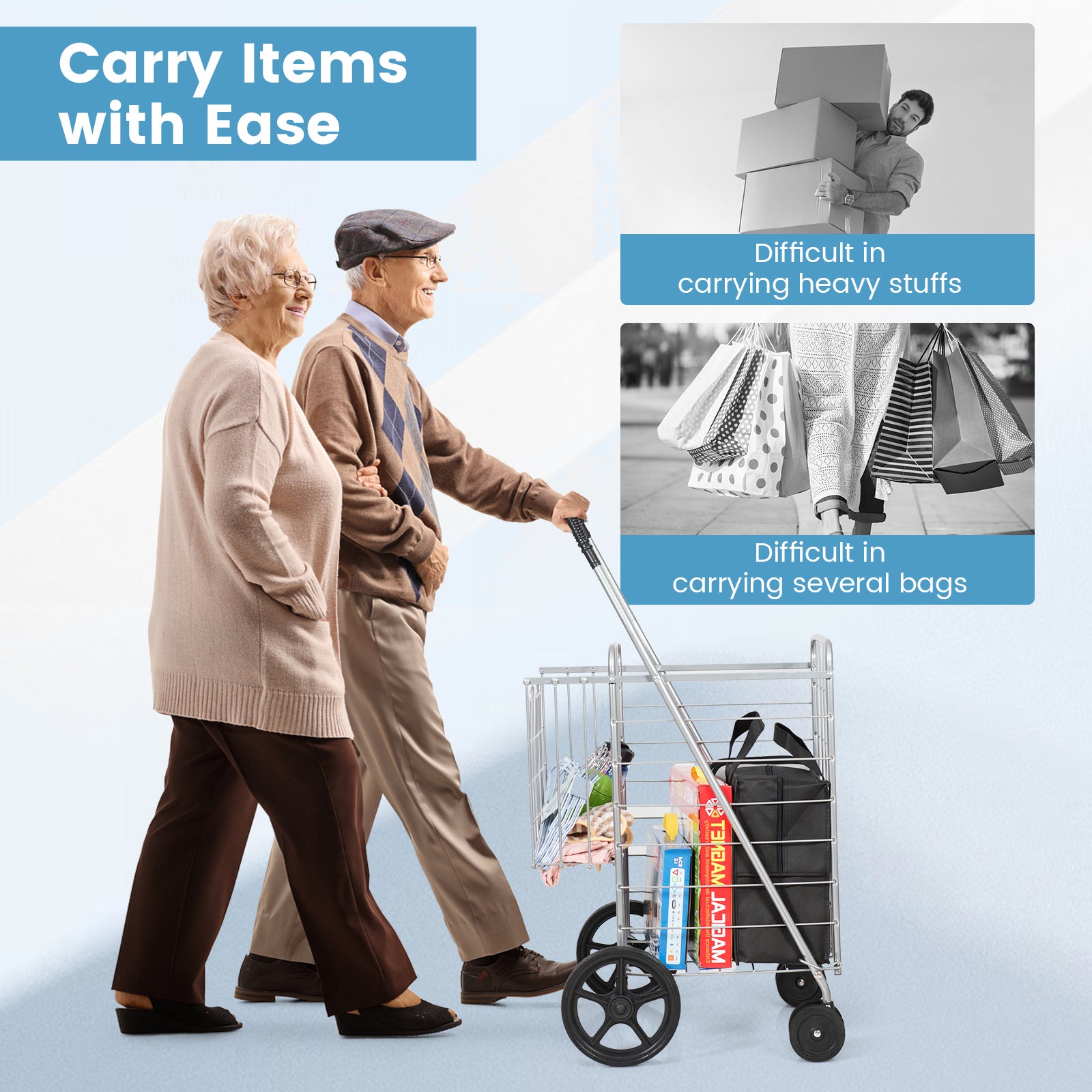 Folding Shopping Cart for Laundry with Swiveling Wheels and Dual Storage Baskets-SliverÂ