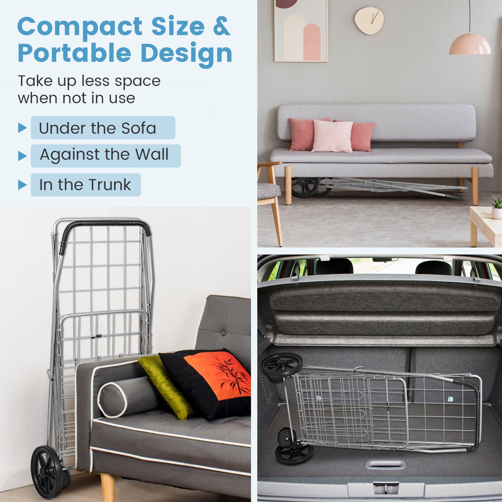 Folding Shopping Cart for Laundry with Swiveling Wheels and Dual Storage Baskets-SliverÂ