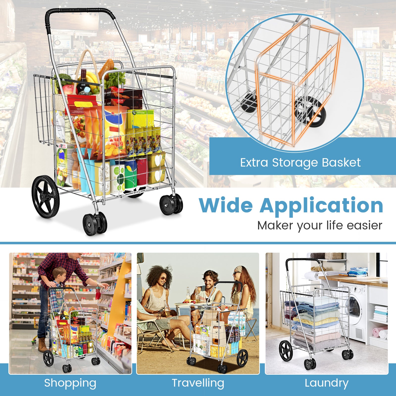 Folding Shopping Cart for Laundry with Swiveling Wheels and Dual Storage Baskets-SliverÂ