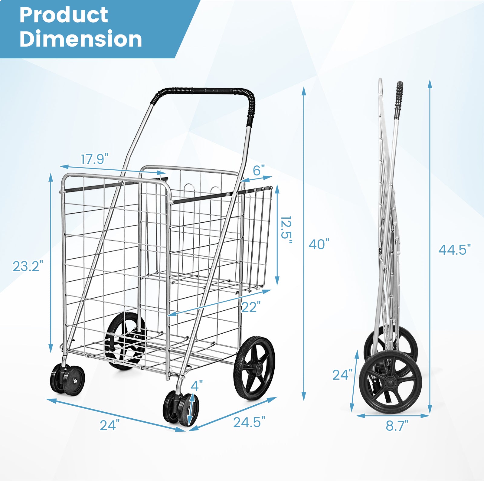 Folding Shopping Cart for Laundry with Swiveling Wheels and Dual Storage Baskets-SliverÂ