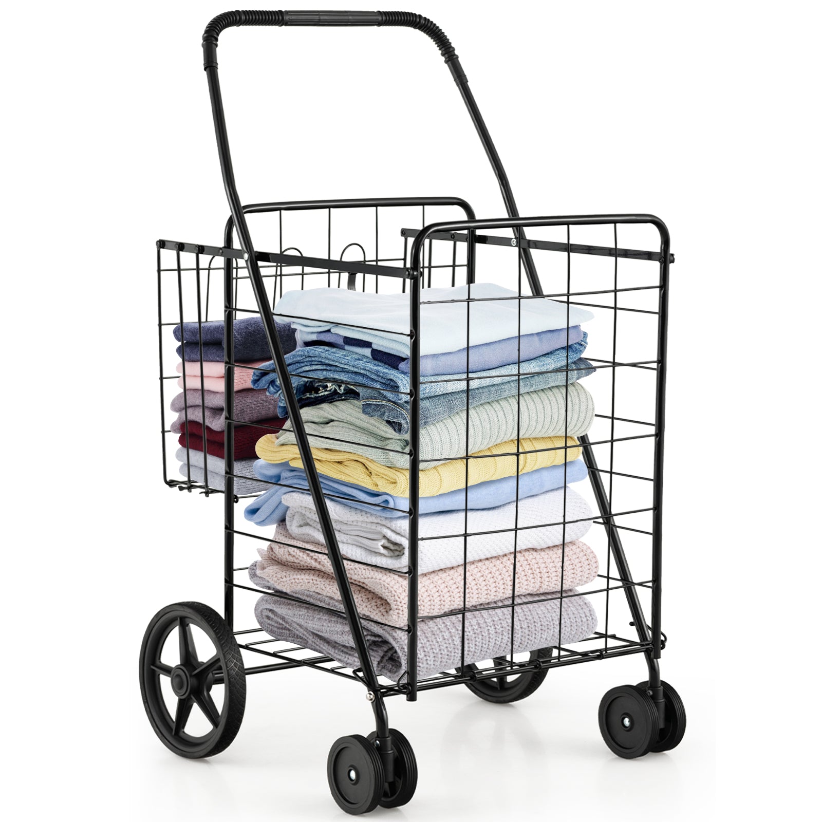 Folding Shopping Cart for Laundry with Swiveling Wheels and Dual Storage Baskets-BlackÂ