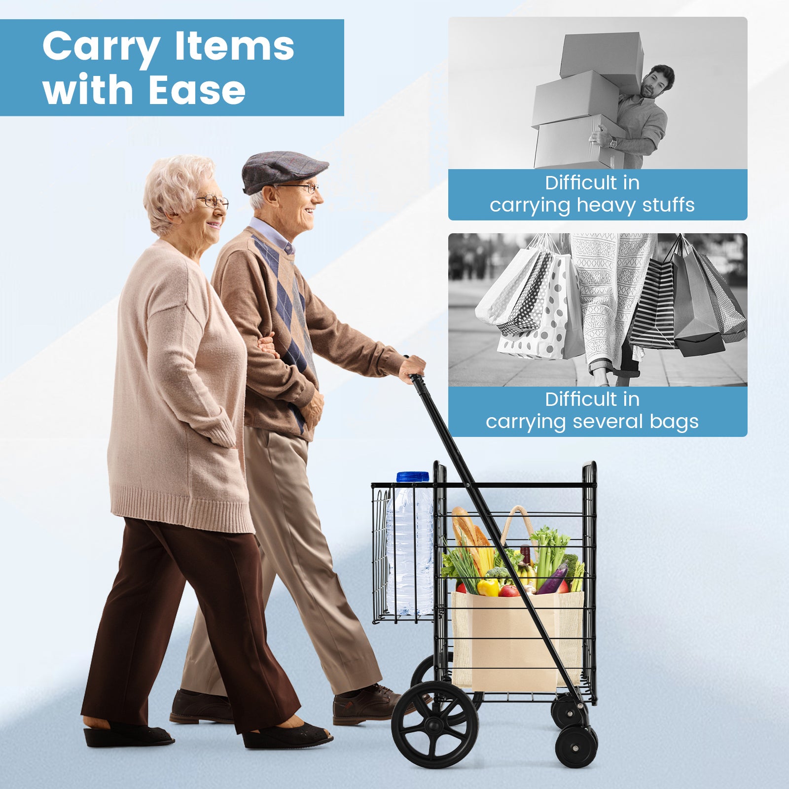 Folding Shopping Cart for Laundry with Swiveling Wheels and Dual Storage Baskets-BlackÂ