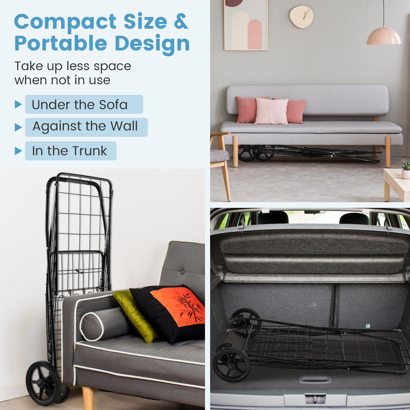 Folding Shopping Cart for Laundry with Swiveling Wheels and Dual Storage Baskets-BlackÂ