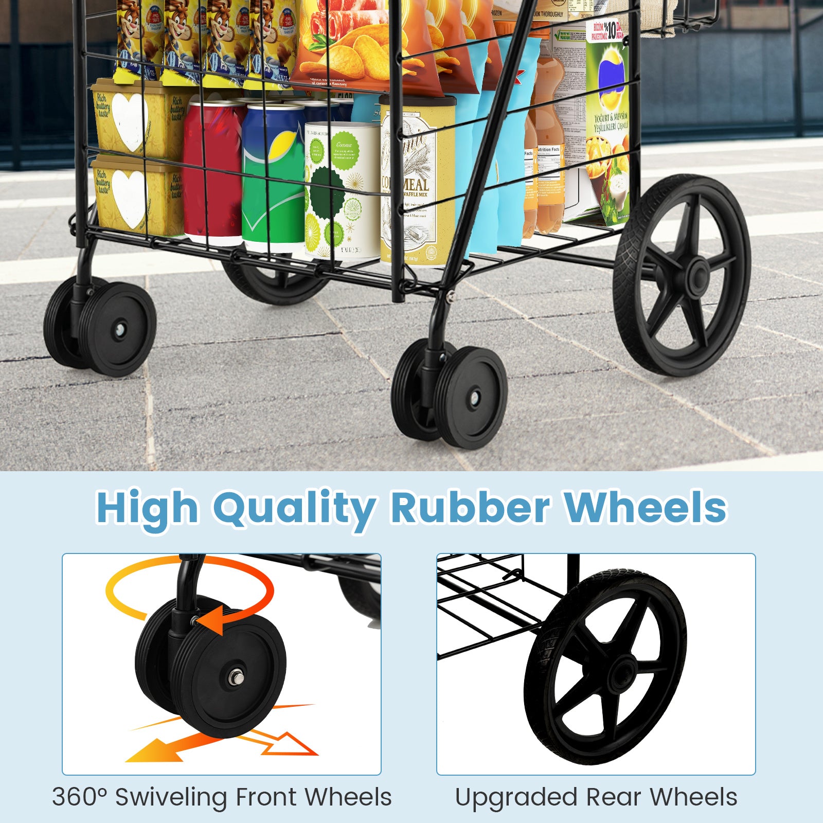 Folding Shopping Cart for Laundry with Swiveling Wheels and Dual Storage Baskets-BlackÂ