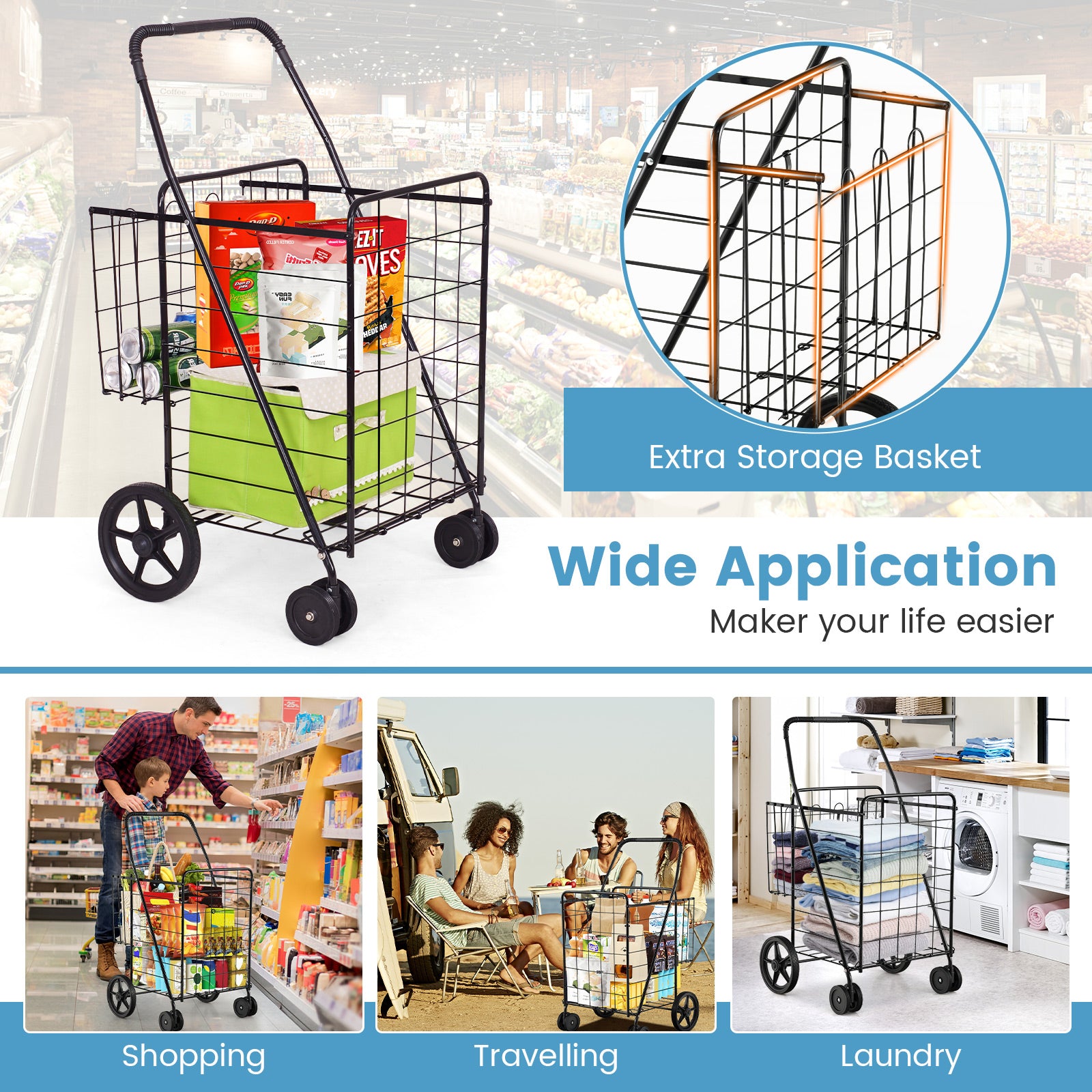 Folding Shopping Cart for Laundry with Swiveling Wheels and Dual Storage Baskets-BlackÂ