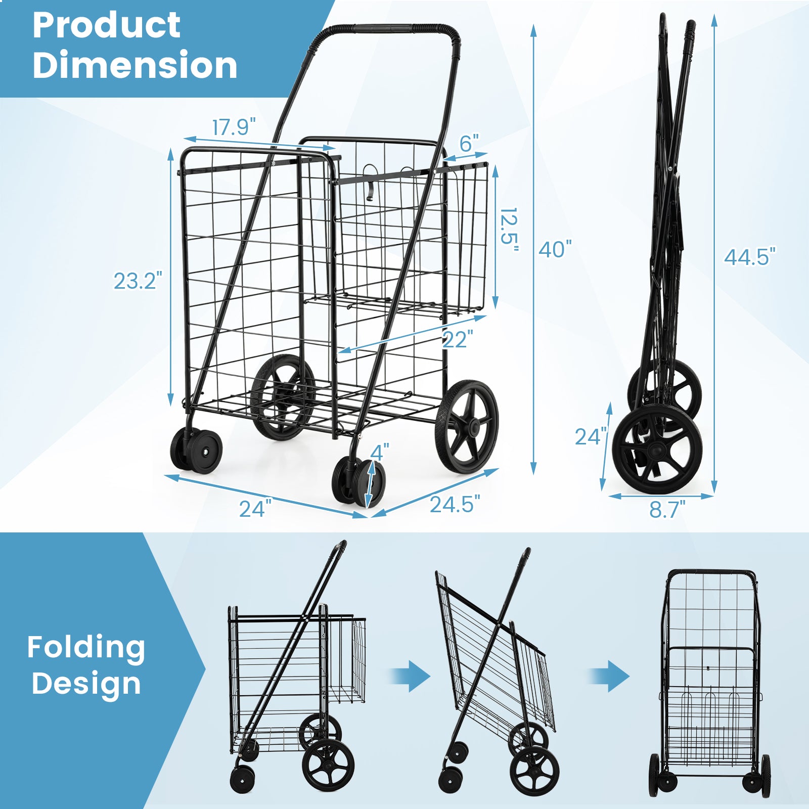 Folding Shopping Cart for Laundry with Swiveling Wheels and Dual Storage Baskets-BlackÂ