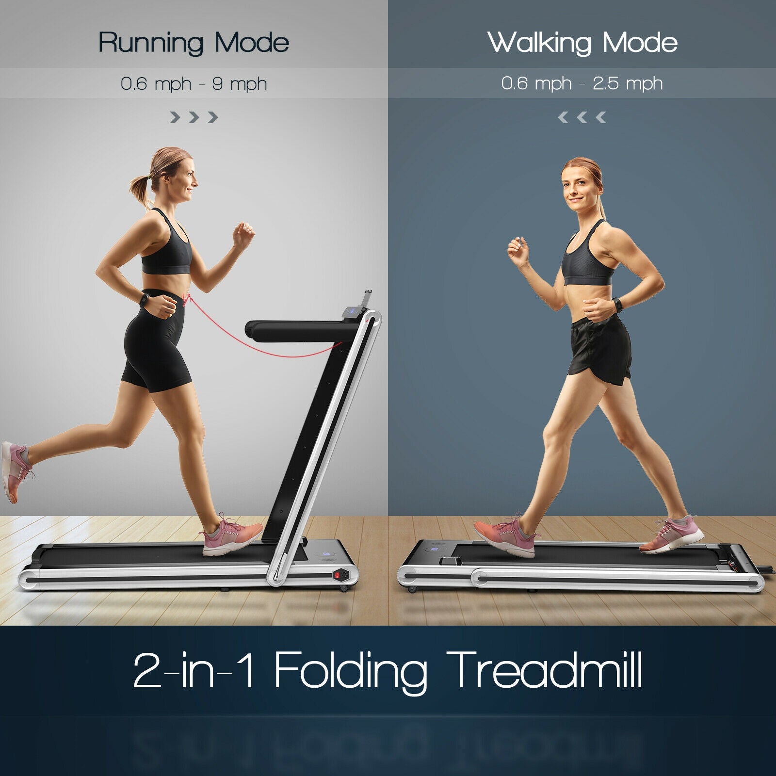 2-in-1 Folding Treadmill 2.25HP Jogging Machine with Dual LED Display-Silver