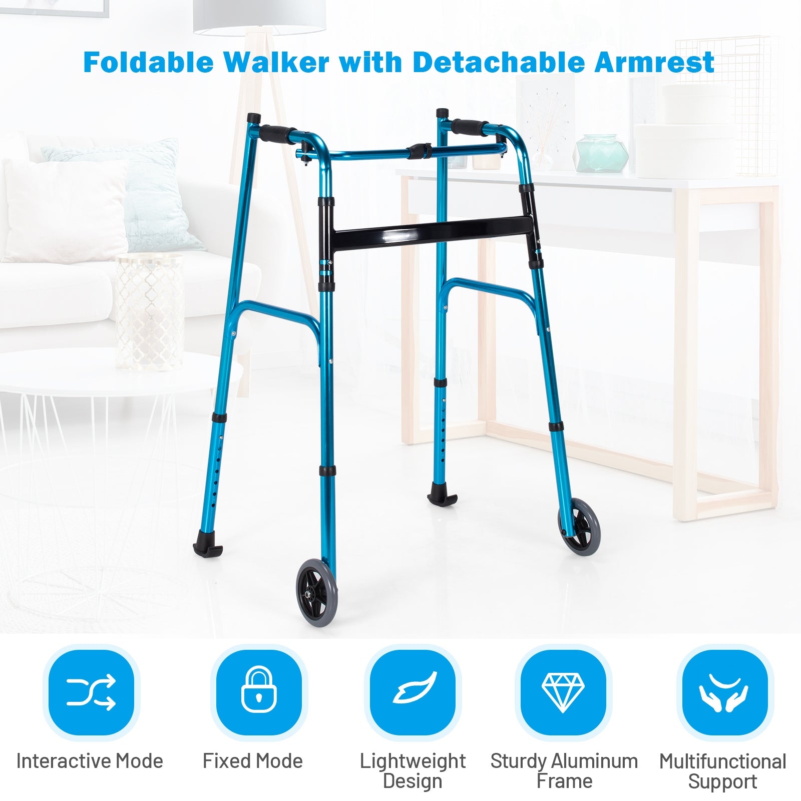 Folding Adjustable Aluminum Wheel Walking Frame-NavyÂ