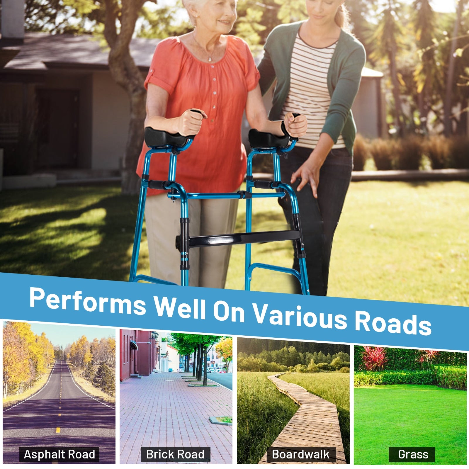 Folding Adjustable Aluminum Wheel Walking Frame-NavyÂ