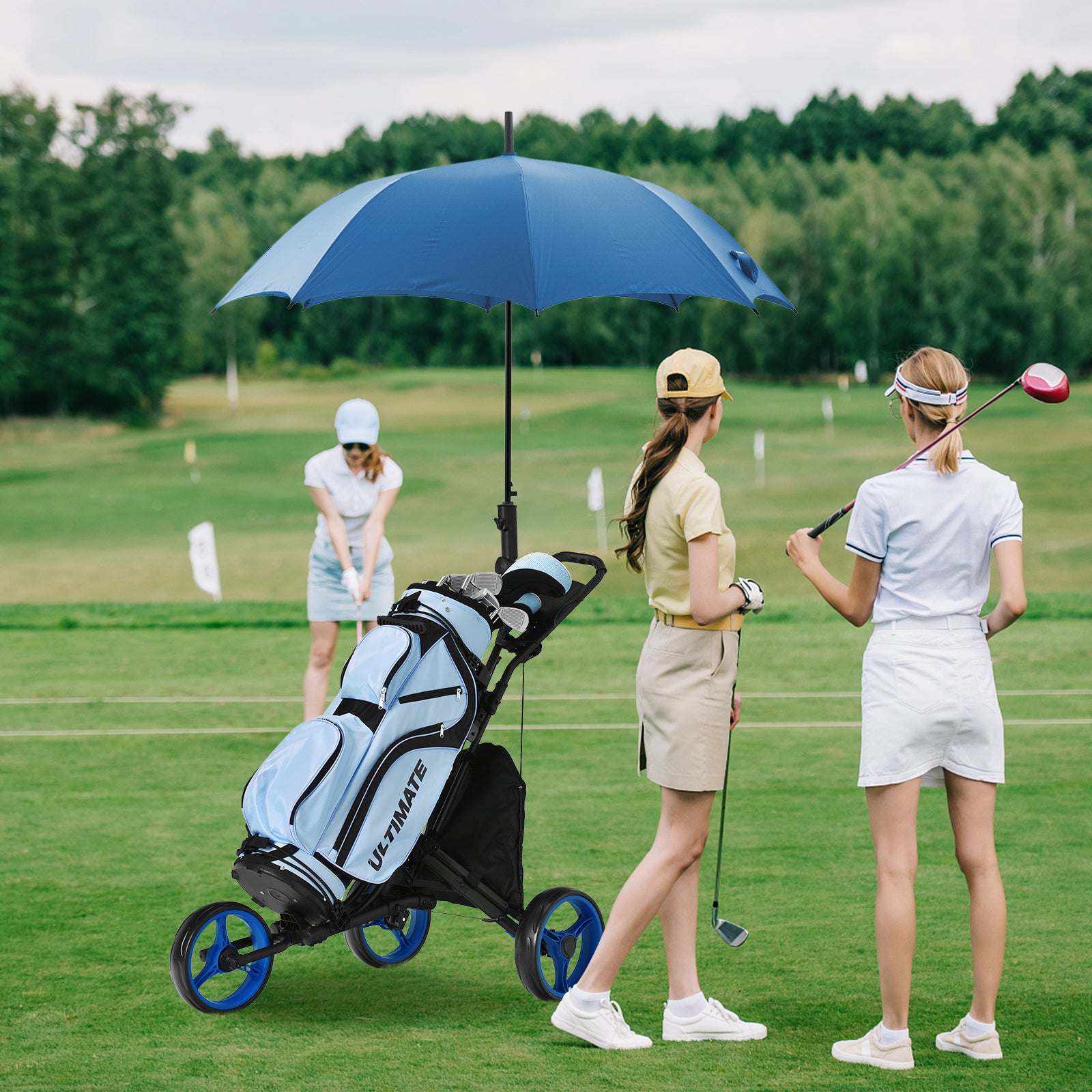 Folding 3 Wheels Golf Push Cart with Bag Scoreboard Adjustable Handle-BlueÂ