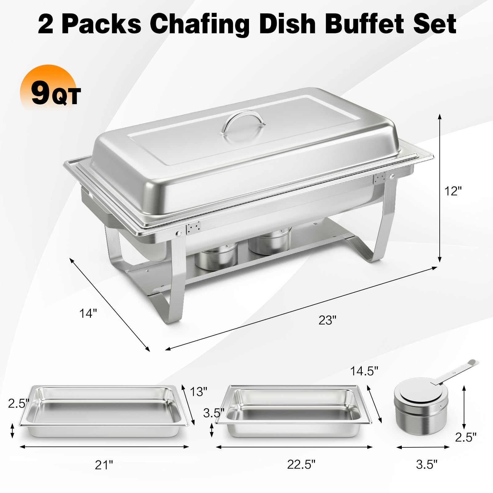 2 Packs Chafing 9 Quart Stainless Rectangular Chafer BuffetÂ