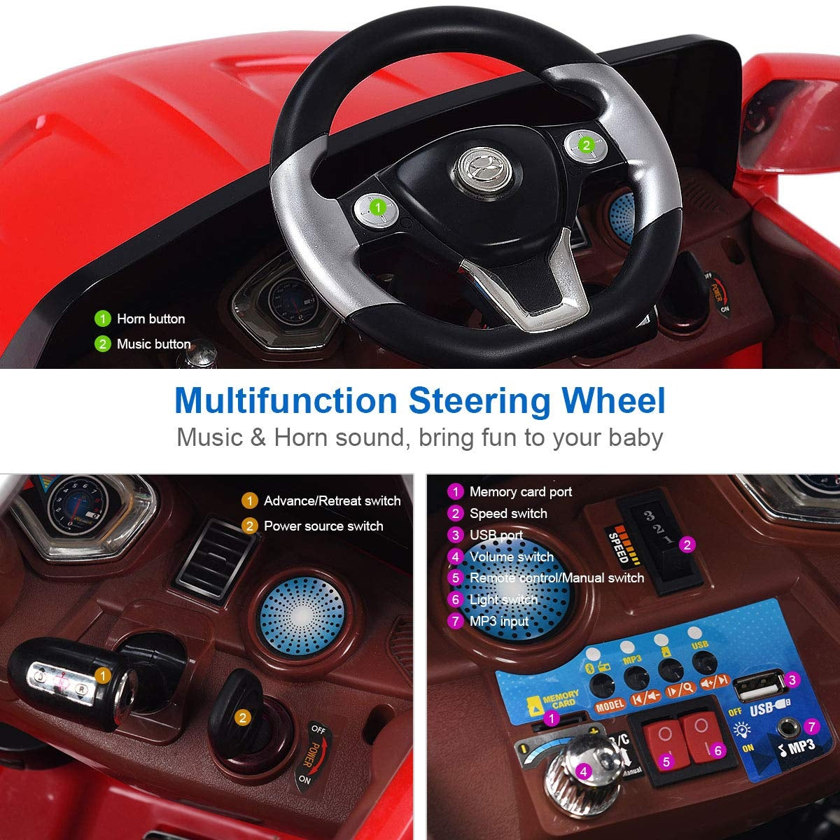6 V Kids Ride on Car w/ RC + LED Lights + MP3- RedÂ
