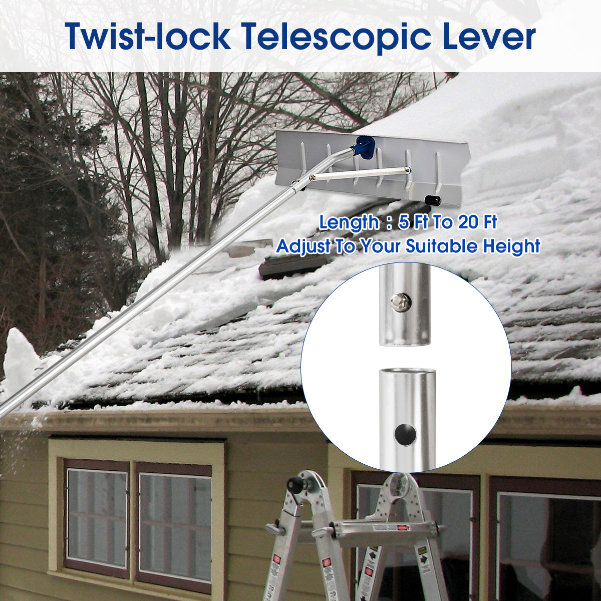 5-20 Feet Extendable Aluminum Snow Roof Rake with Wheels HandleÂ