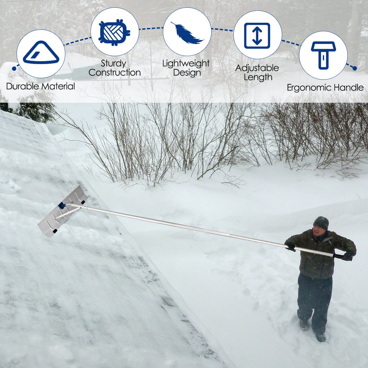 5-20 Feet Extendable Aluminum Snow Roof Rake with Wheels HandleÂ