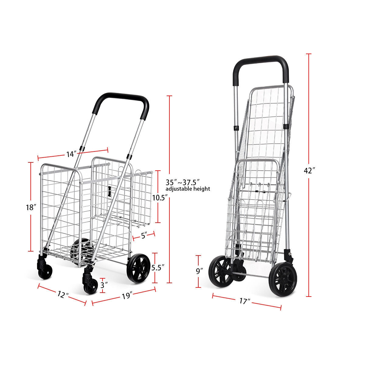 Folding Shopping Cart Basket Rolling Trolley with Adjustable Handle-SilverÂ