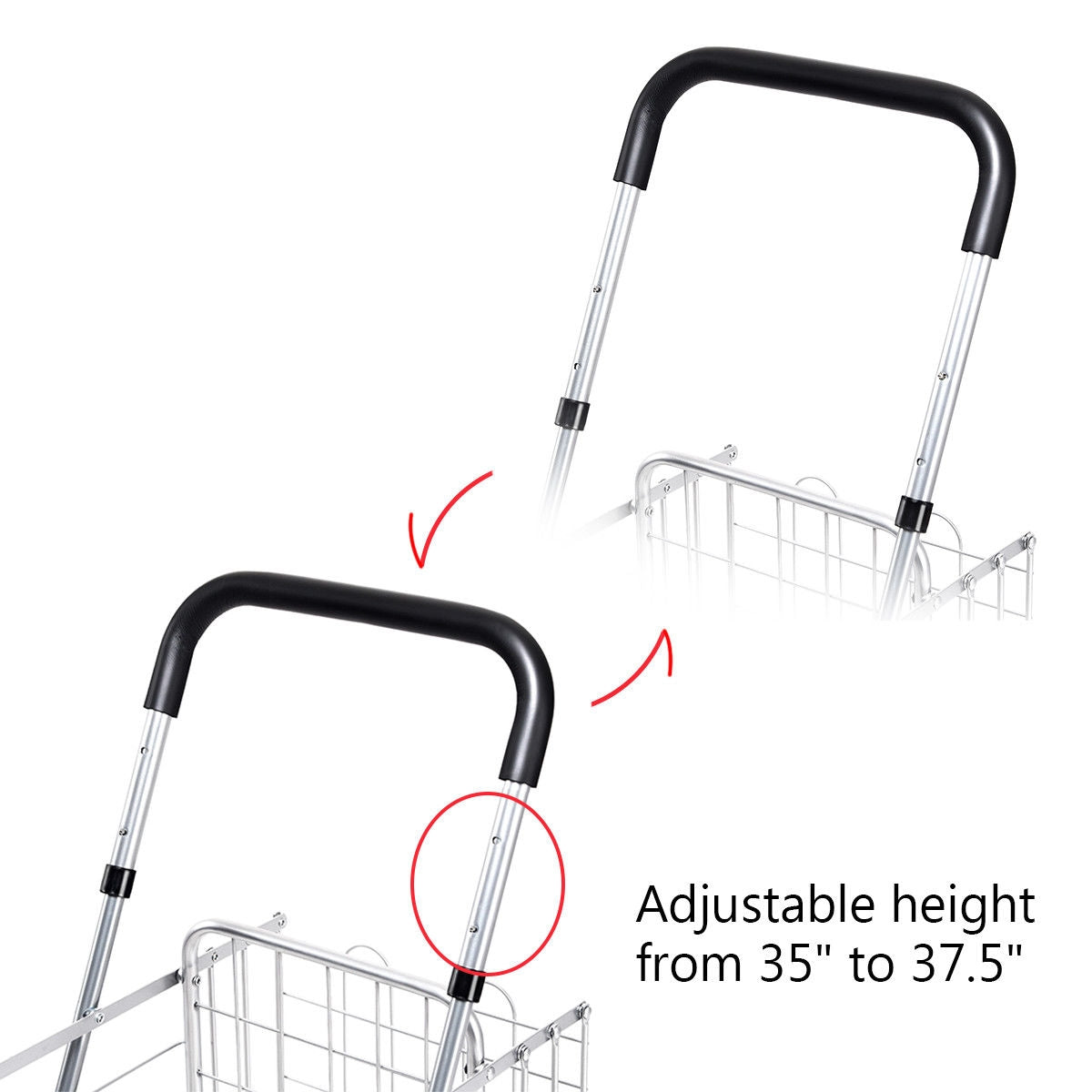 Folding Shopping Cart Basket Rolling Trolley with Adjustable Handle-SilverÂ