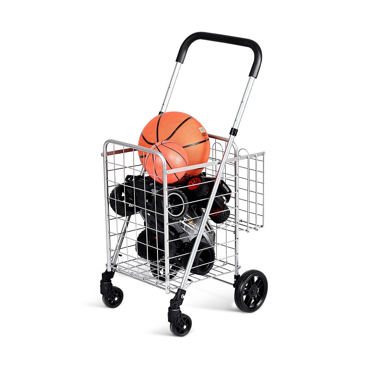 Folding Shopping Cart Basket Rolling Trolley with Adjustable Handle-SilverÂ