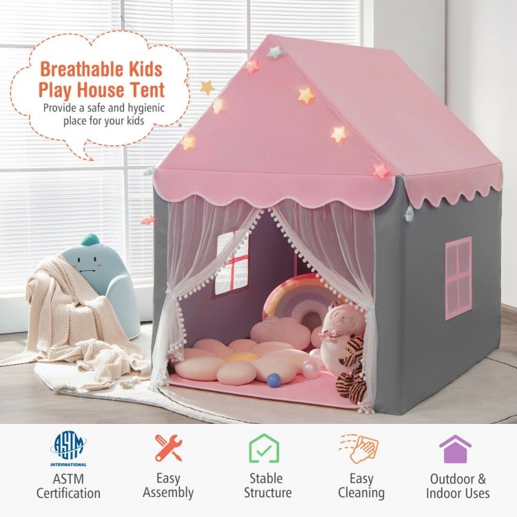 Kids Playhouse Tent with Star Lights and Mat-Beige