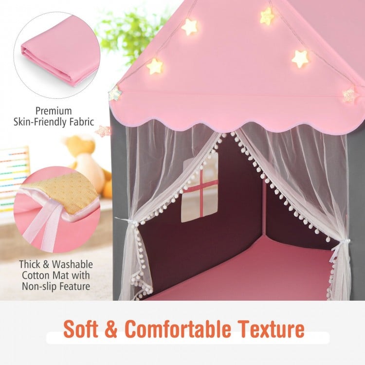 Kids Playhouse Tent with Star Lights and Mat-Beige