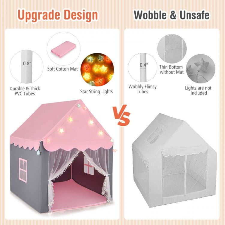 Kids Playhouse Tent with Star Lights and Mat-Beige
