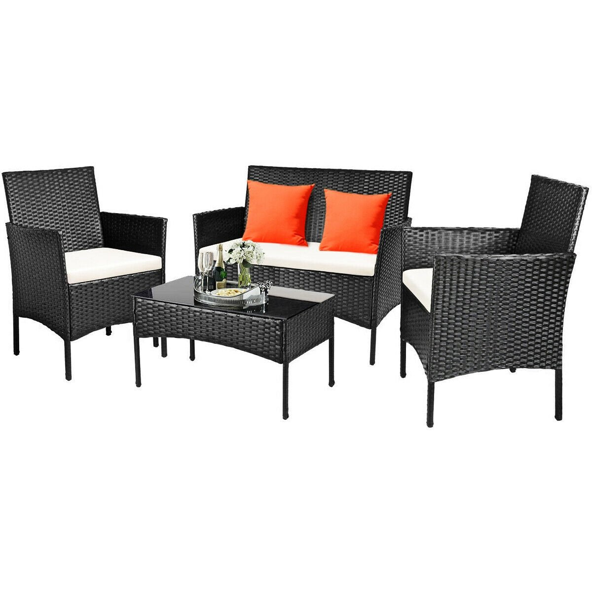4 Pcs Patio Rattan Cushioned Sofa Furniture Set-WhiteÂ