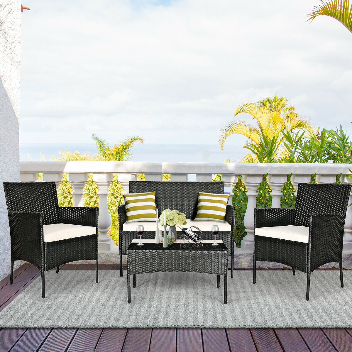 4 Pcs Patio Rattan Cushioned Sofa Furniture Set-WhiteÂ