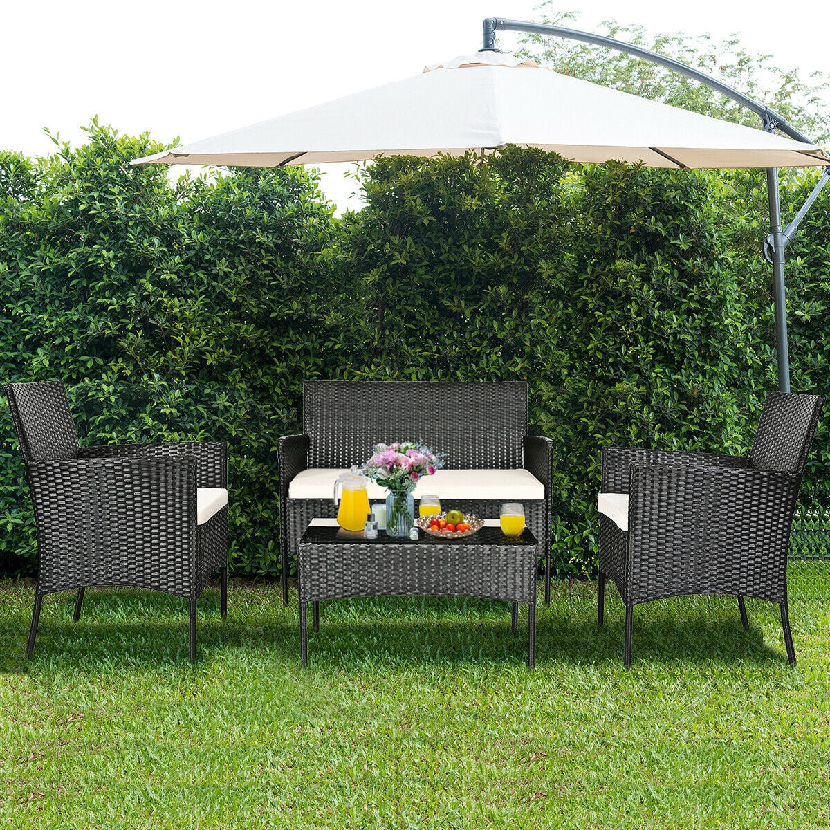 4 Pcs Patio Rattan Cushioned Sofa Furniture Set-WhiteÂ