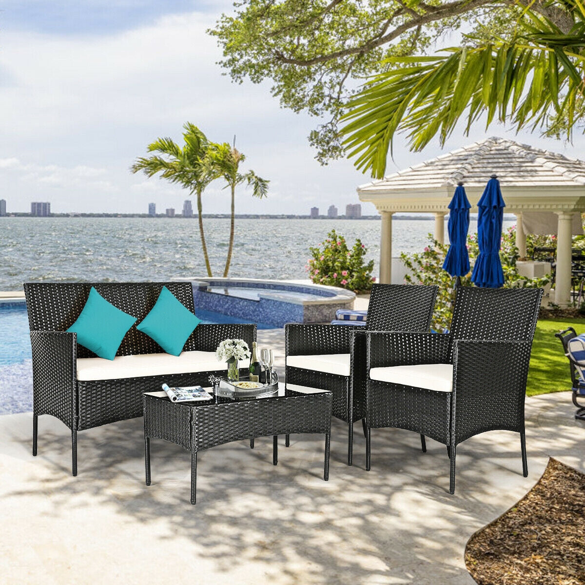 4 Pcs Patio Rattan Cushioned Sofa Furniture Set-WhiteÂ