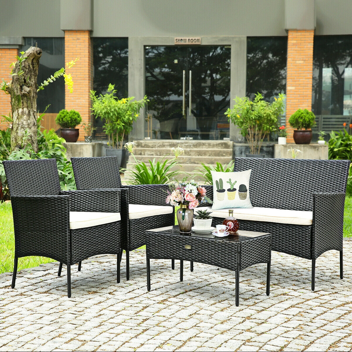 4 Pcs Patio Rattan Cushioned Sofa Furniture Set-WhiteÂ