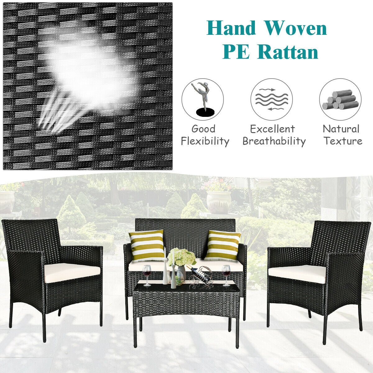 4 Pcs Patio Rattan Cushioned Sofa Furniture Set-WhiteÂ