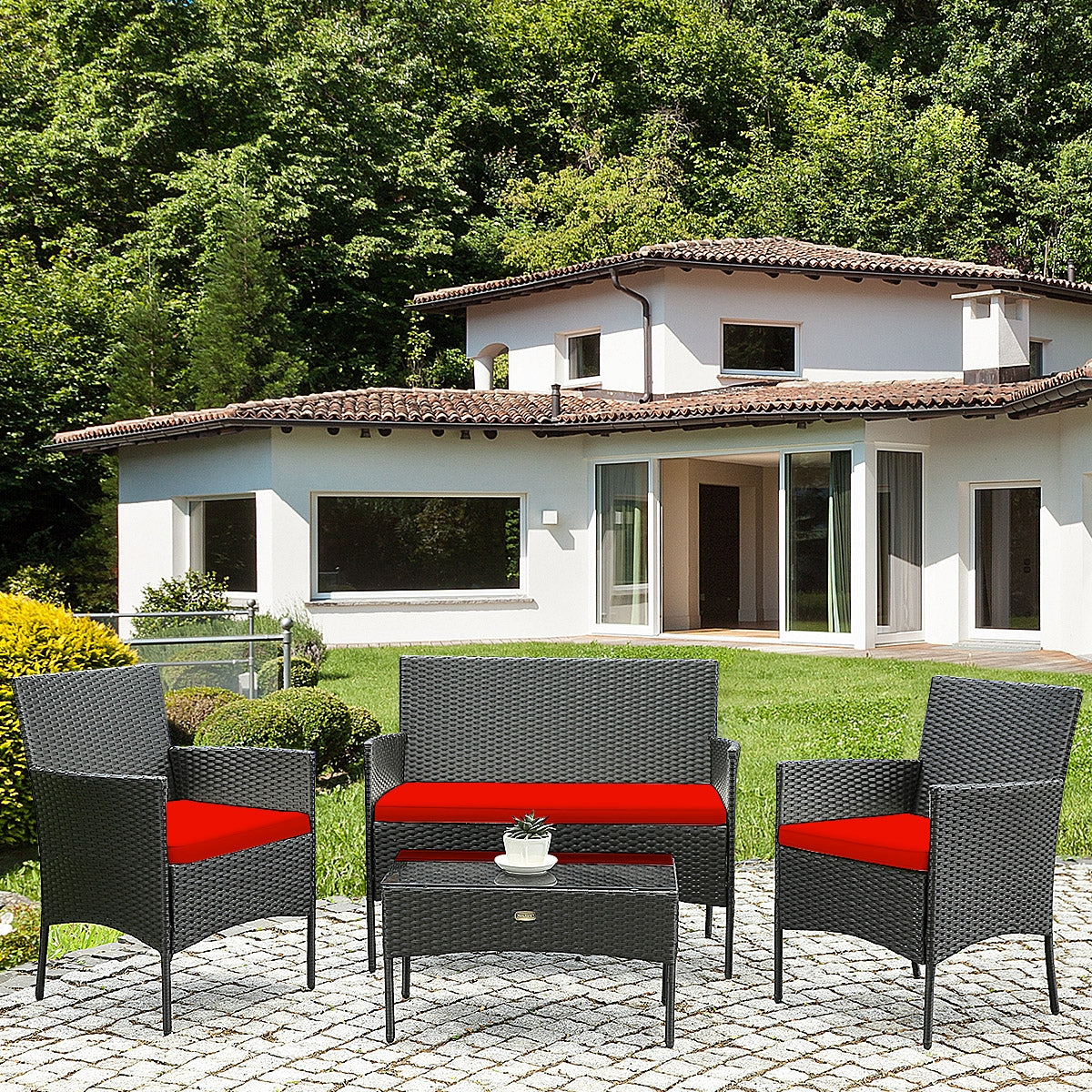 4 Pcs Patio Rattan Cushioned Sofa Furniture Set with Tempered Glass Coffee Table-RedÂ