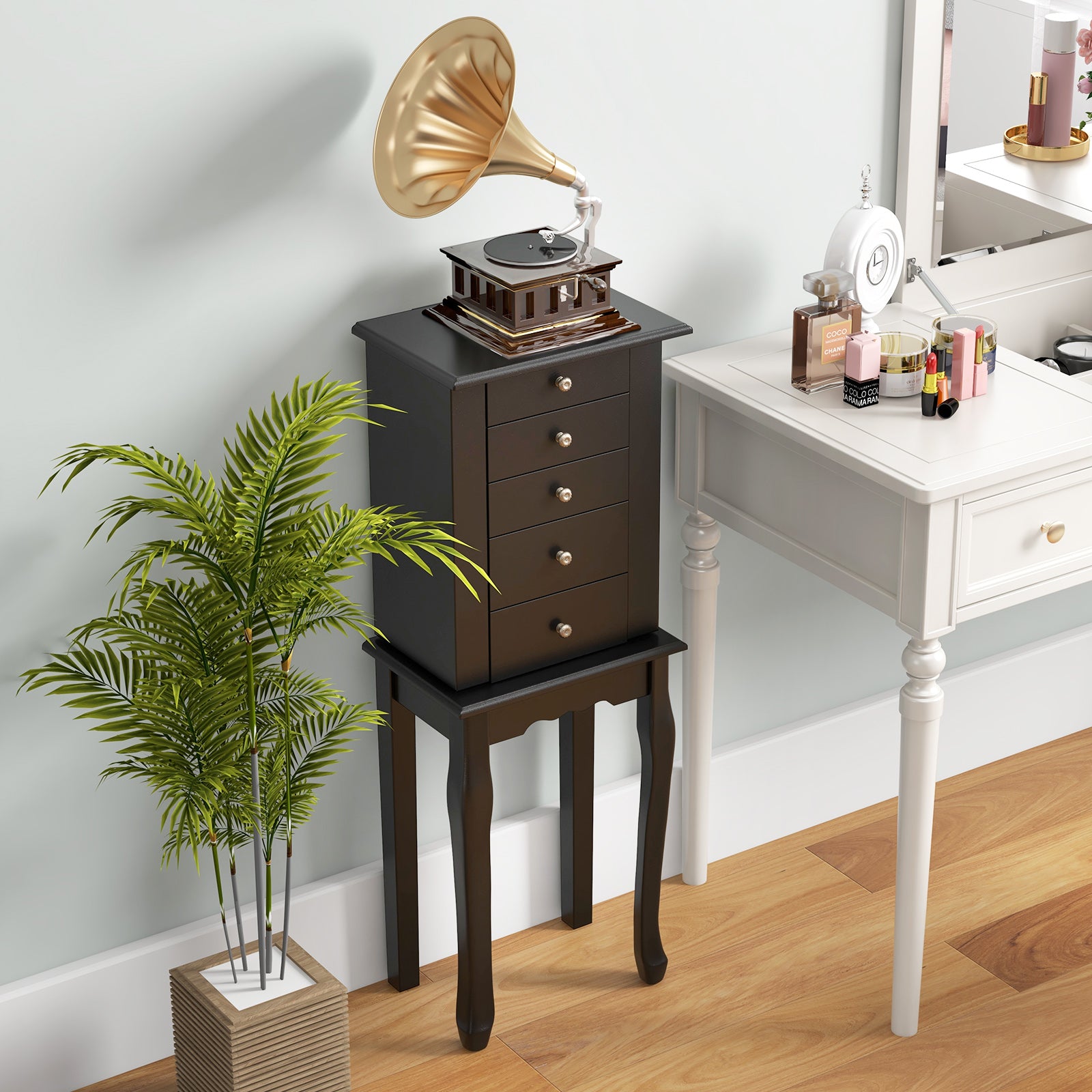 2 Colors Armoire Storage Standing Jewelry Cabinet with Mirror-BlackÂ