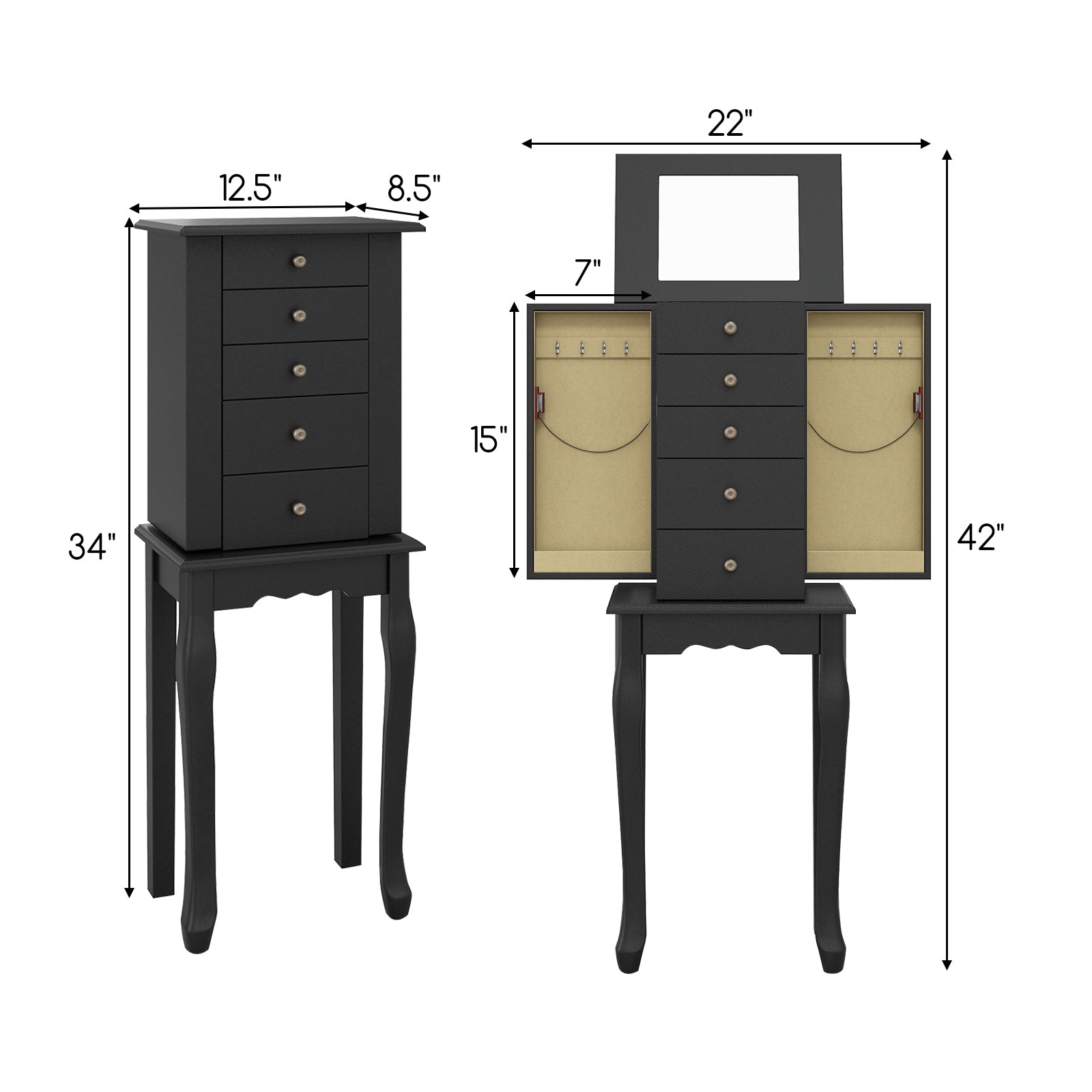2 Colors Armoire Storage Standing Jewelry Cabinet with Mirror-BlackÂ