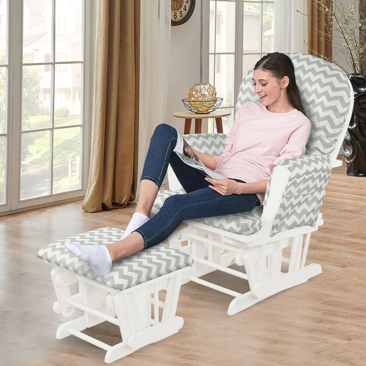 Wood Glider and Ottoman Set with Padded Armrests and Detachable Cushion-Gray and WhiteÂ