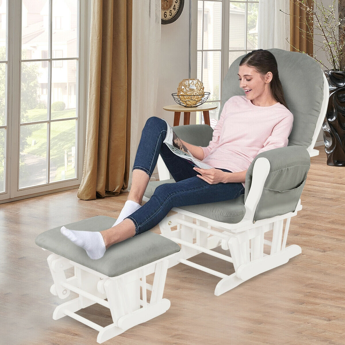 Wood Glider and Ottoman Set with Padded Armrests and Detachable Cushion-Light GrayÂ